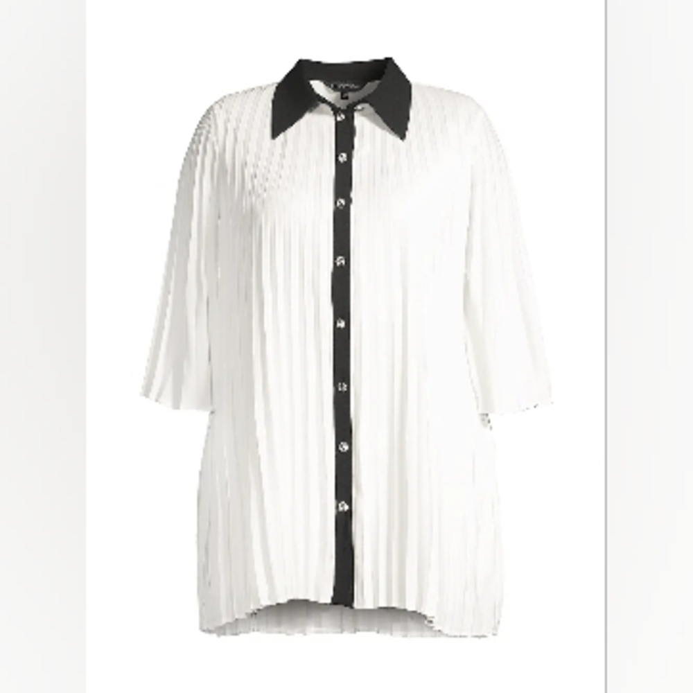 Ming Wang, 2X, Black and White Pleated Button-Up Blouse